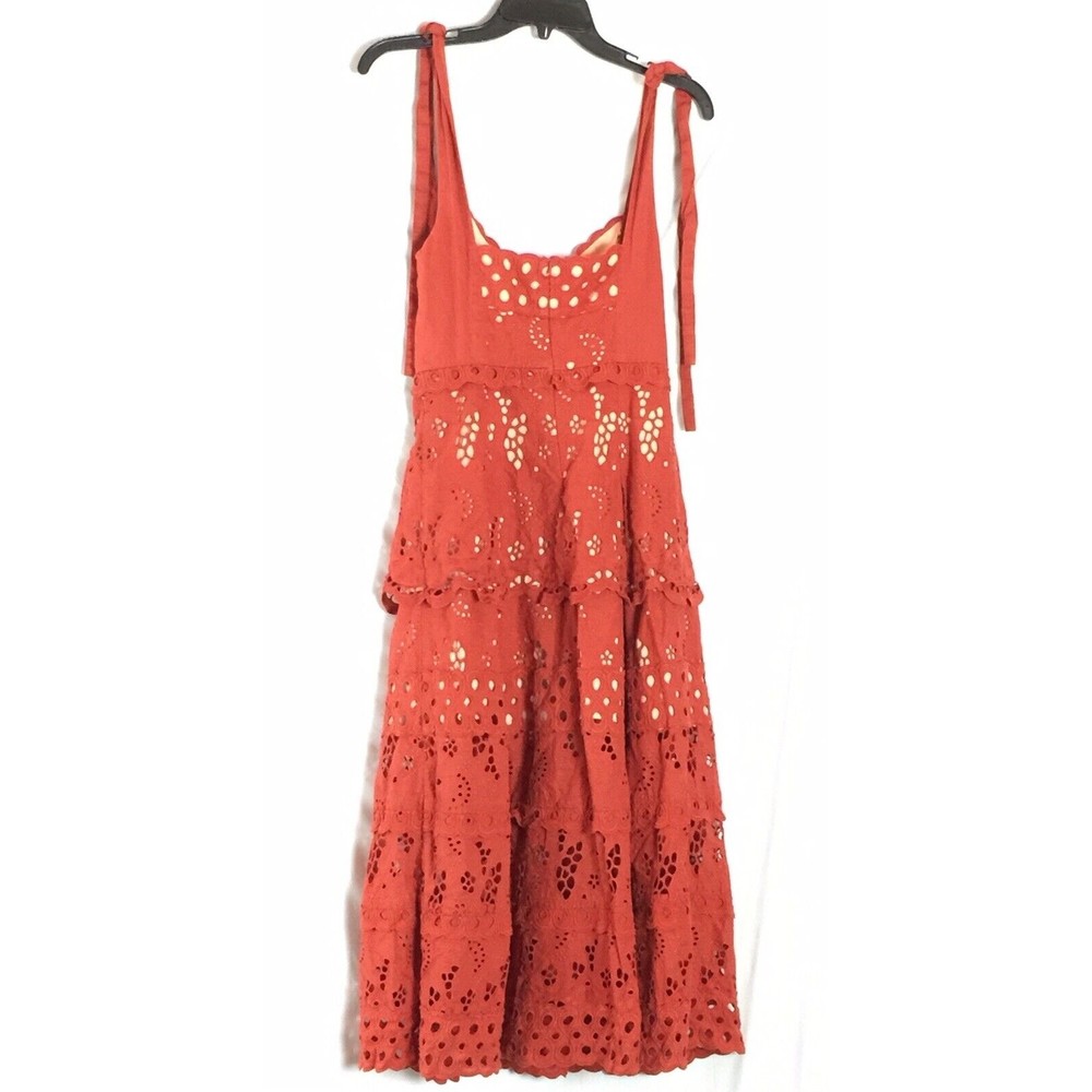 Three Floor Women’s Damsel Dress Coral Pink Tie Strap Midi Size 4 Preowned Flaw